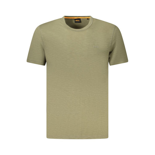 Hugo Boss Green Cotton Men T-Shirt with short sleeves, crew neck, and iconic logo for contemporary fashion.
