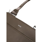 Close-up of the Hugo Boss Green Leather Messenger Bag with BOSS logo and adjustable strap detailing.