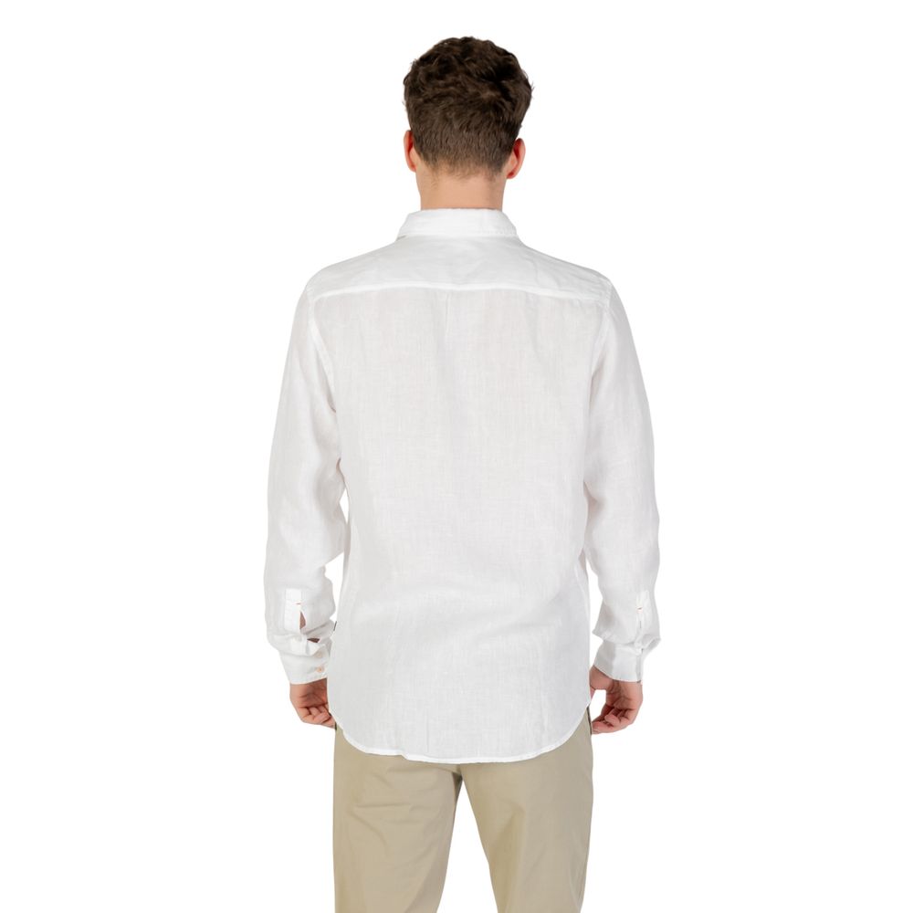 Back view of a Hugo Boss White Linen Dress Shirt on a model, showcasing the lightweight and elegant design ideal for warm days.