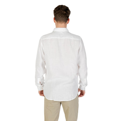 Back view of a Hugo Boss White Linen Dress Shirt on a model, showcasing the lightweight and elegant design ideal for warm days.