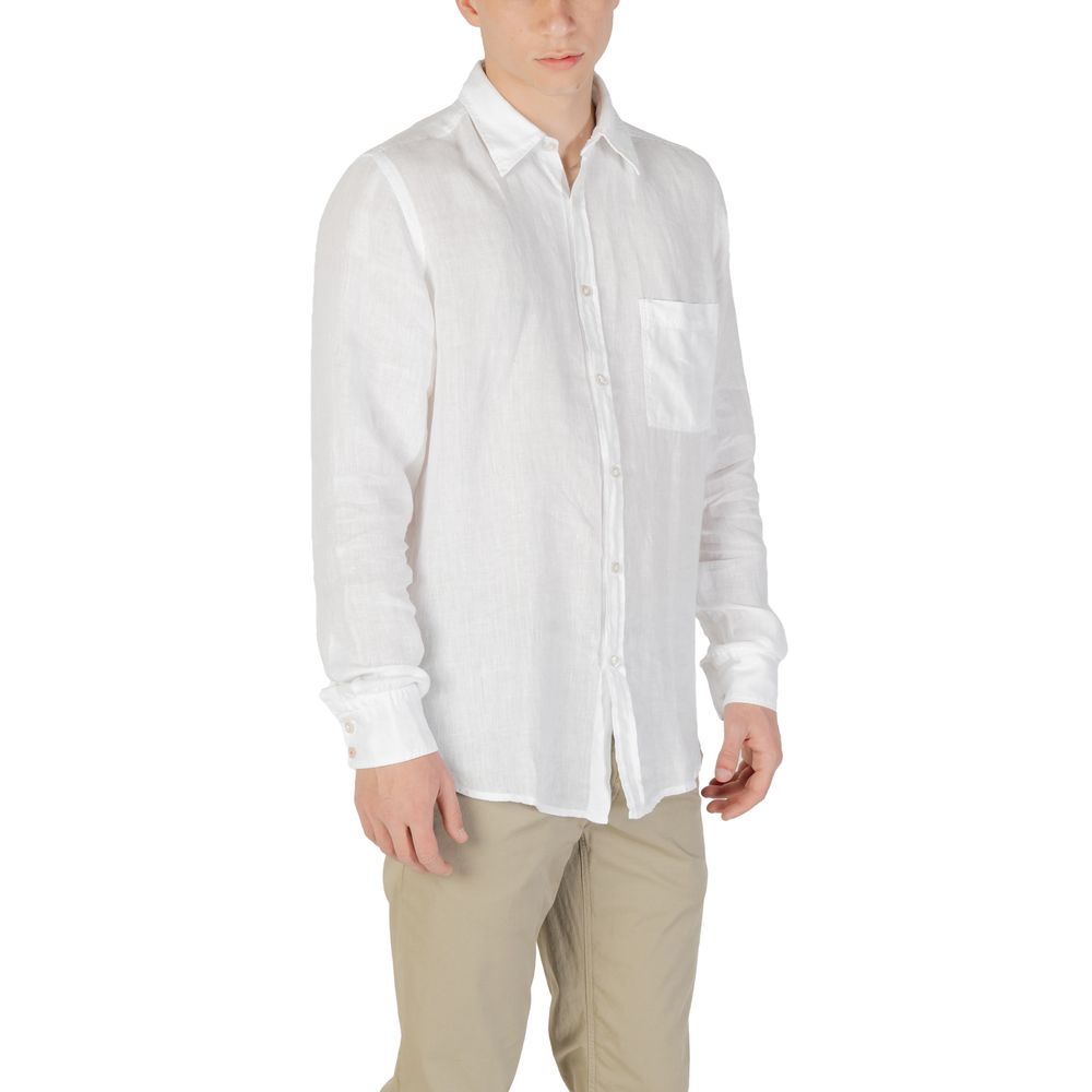 Hugo Boss White Linen Dress Shirt for men, long-sleeve, lightweight, with contrasting buttons, shown on a model for casual and formal looks.