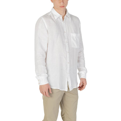 Hugo Boss White Linen Dress Shirt for men, long-sleeve, lightweight, with contrasting buttons, shown on a model for casual and formal looks.