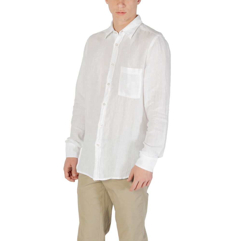 Model wearing Hugo Boss White Linen Dress Shirt, showcasing its long sleeves, chest pocket, and comfortable fit.