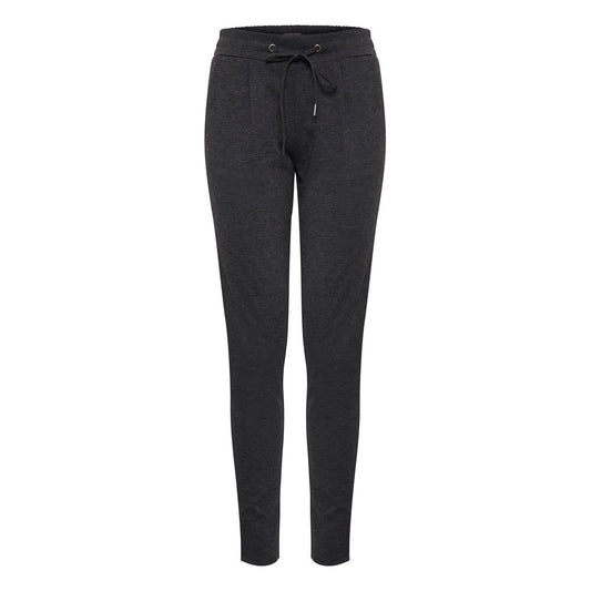 ICHI Gray Polyester Pant - women's slim fit cigarette trousers with elastic waistband and drawstring, front pleats, model 20105036
