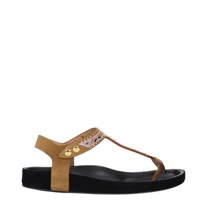 Isabel Marant Beige Leather Flip-Flop Sandals with suede, studs, and embellishments, featuring a vintage effect side view.