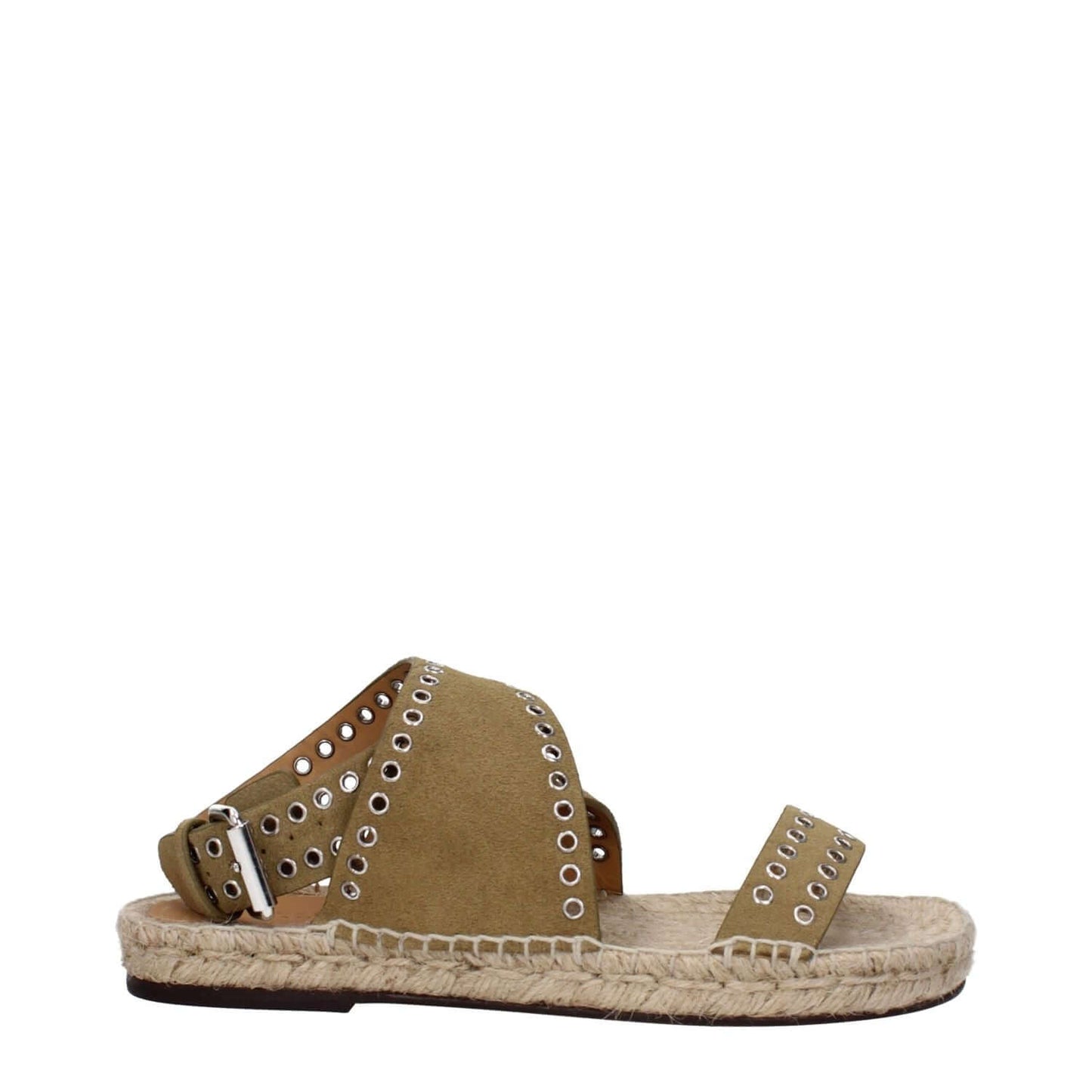 Isabel Marant Green Leather Sandals with studs, buckle closure, open toe, and leather sole, featuring low flat heel. MPN: EP0003FAB1C02S50TA.