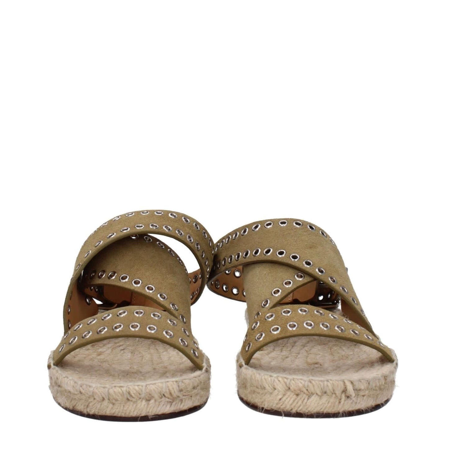 Isabel Marant Green Leather Sandals with silver studs and open toe design, featuring a low flat heel and buckle closure, perfect for summer style.