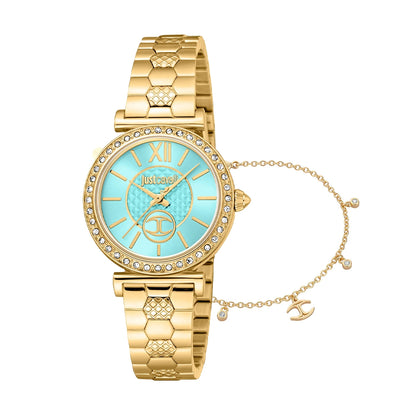 JUST CAVALLI TIME WATCHES Mod. JC1L273M0065, gold wristwatch, Seiko VJ20, water resistant, ladies' watch with mineral dial, blue face, official packaging