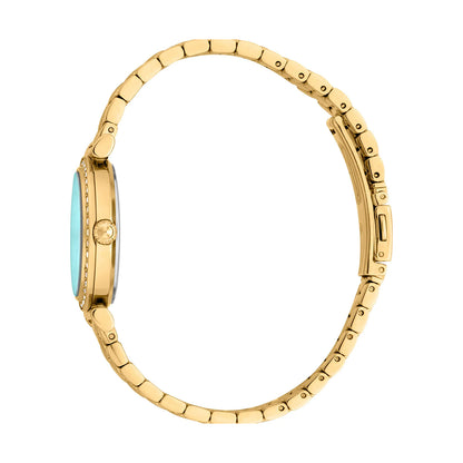 Side view of JUST CAVALLI TIME WATCHES Mod. JC1L273M0065, gold stainless steel strap, 30mm case, Seiko VJ20 movement, water resistant to 5 ATM.