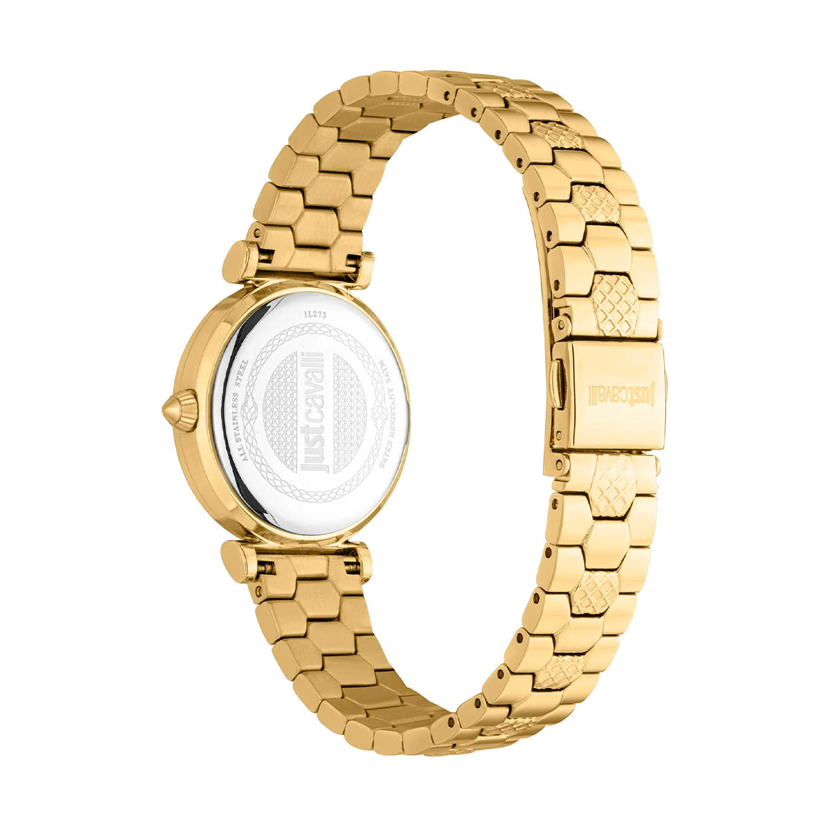 JUST CAVALLI TIME WATCHES Mod. JC1L273M0065, lady's gold wristwatch with 5 ATM water resistance and Seiko VJ20 movement, side view.