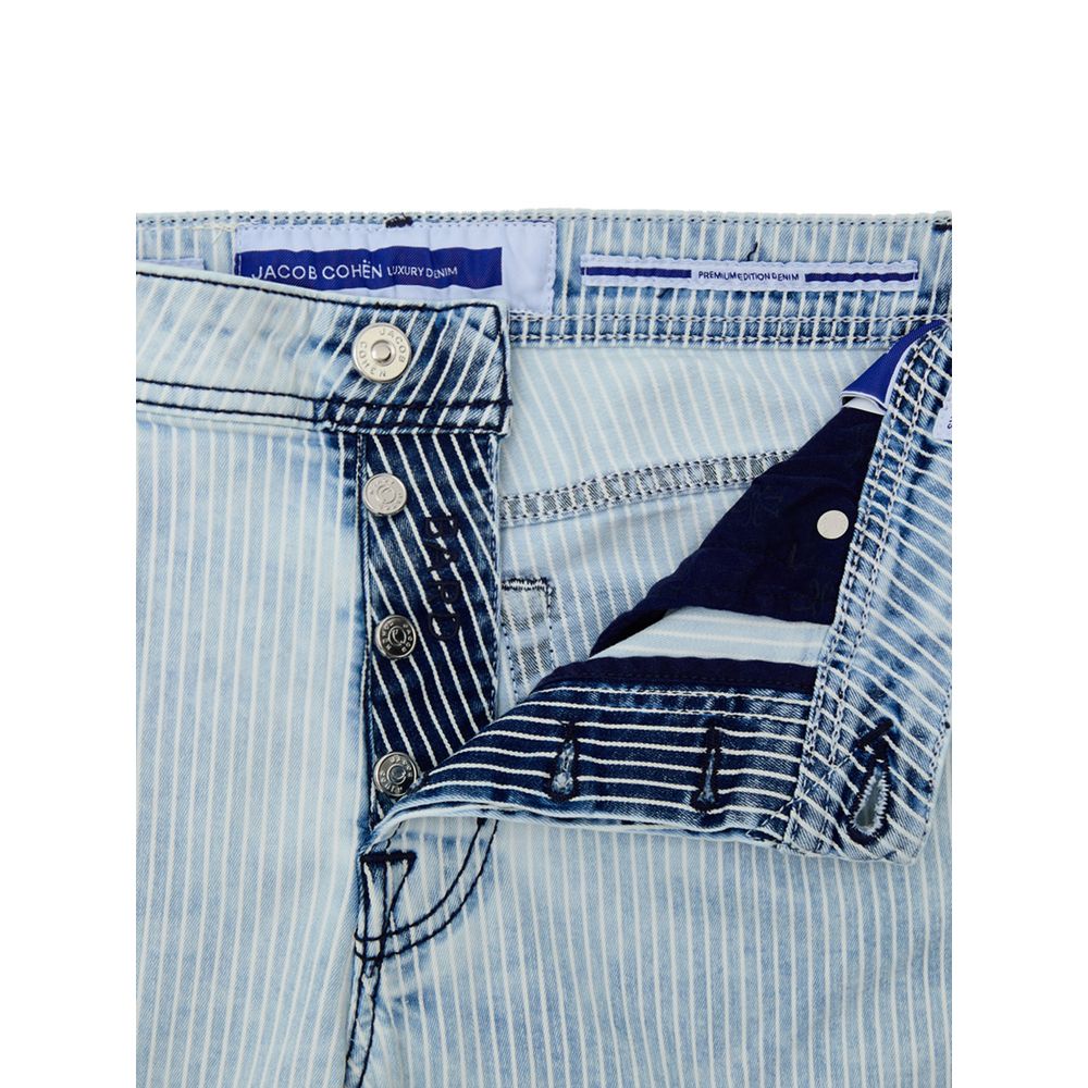 Jacob Cohen Blue Cotton Skinny Jeans with stripe detail, button fly, and contrasting blue stitching. Includes tag and exclusive fragrance.