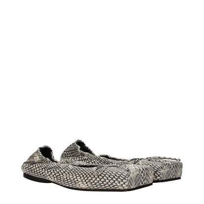 Snakeskin textured ballet flats with black soles, side view on white background.