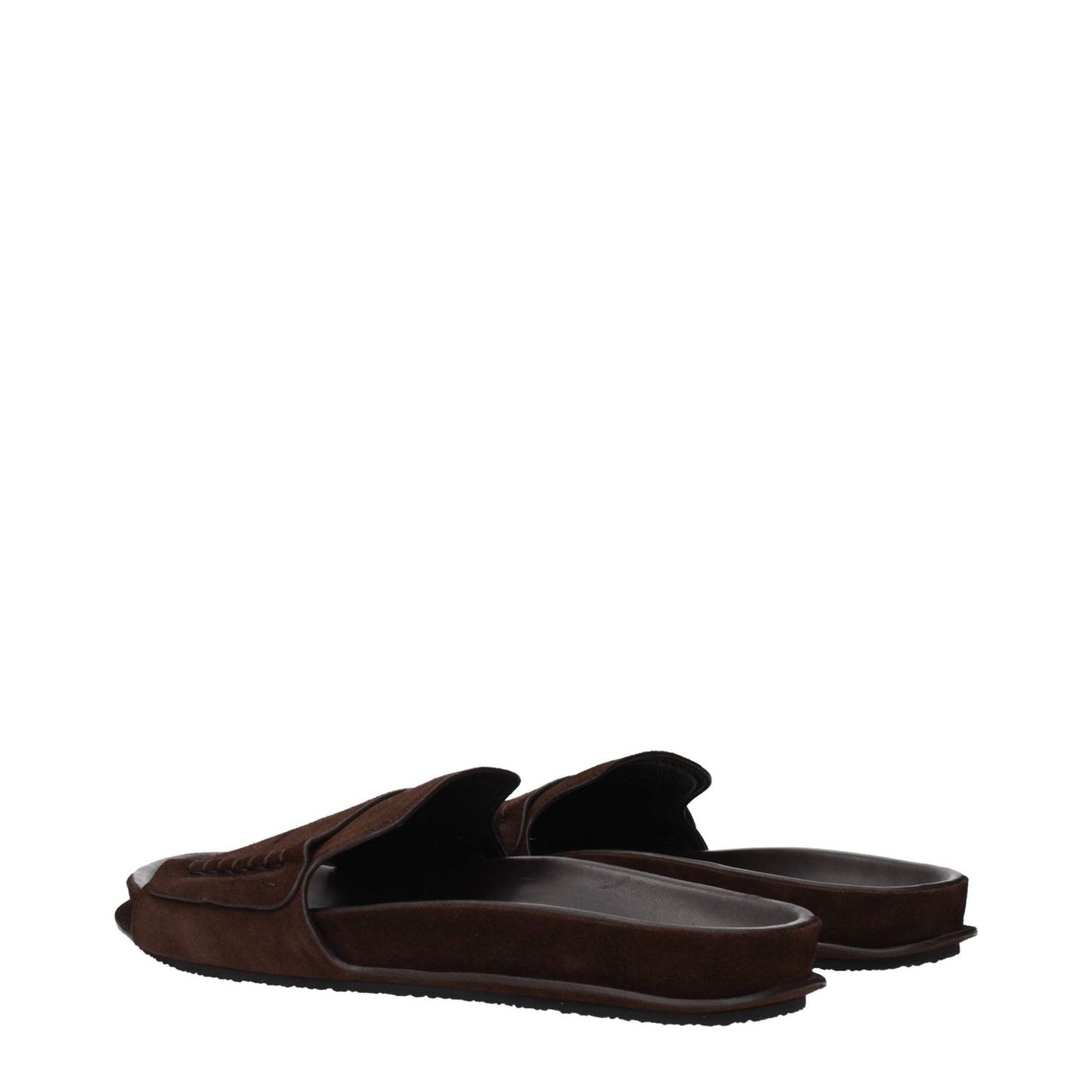 Jacquemus Brown Leather Slippers, suede clogs in brown, MPN 255FO1724354880, code F84881, side view against white background.