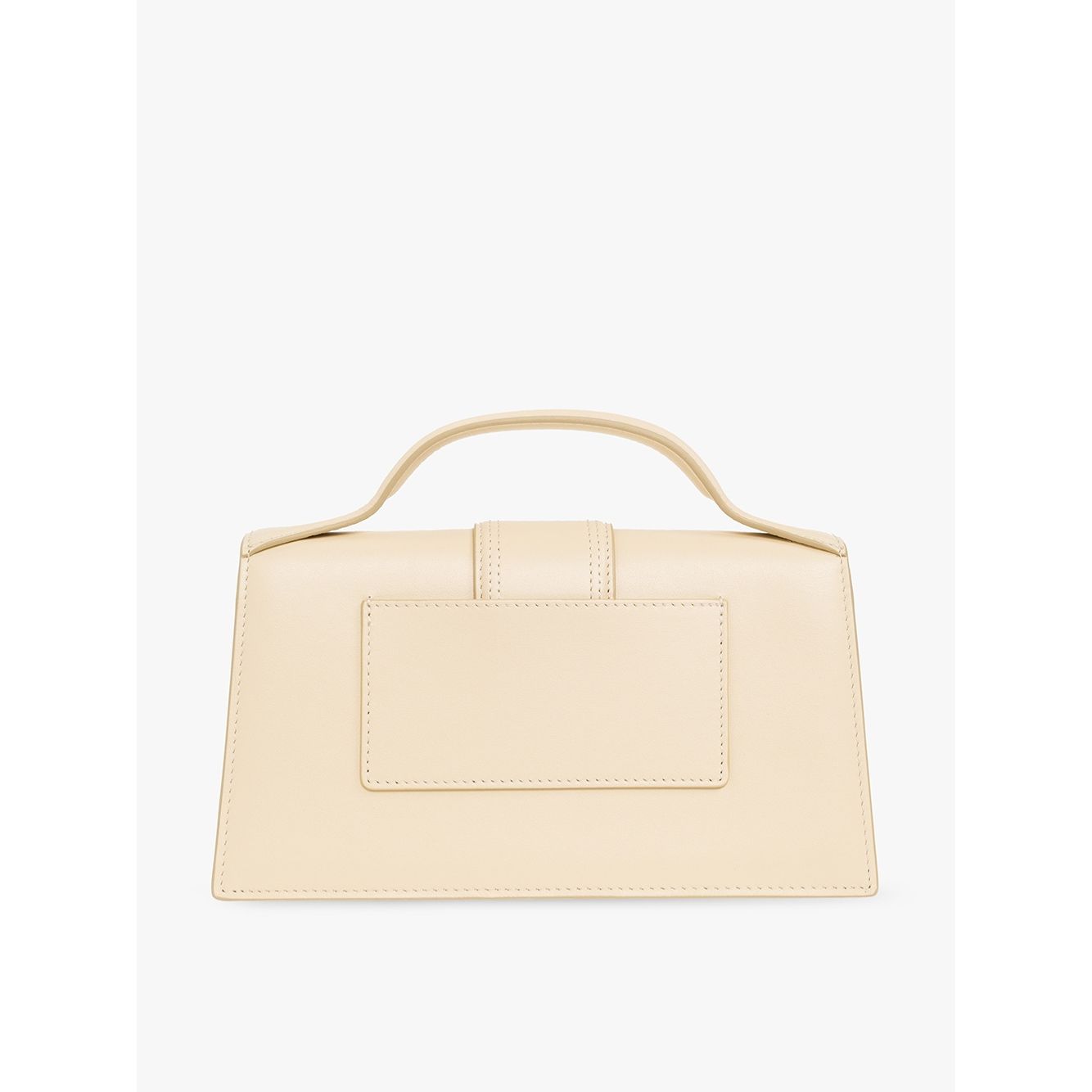 Jacquemus Le Grand Bambino Beige Bag with gold hardware and adjustable strap, shown back view, featuring card pocket and magnetic closure.