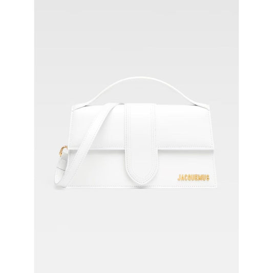 Jacquemus Le Grand Bambino White Bag with gold hardware and adjustable strap, featuring luxury leather design.