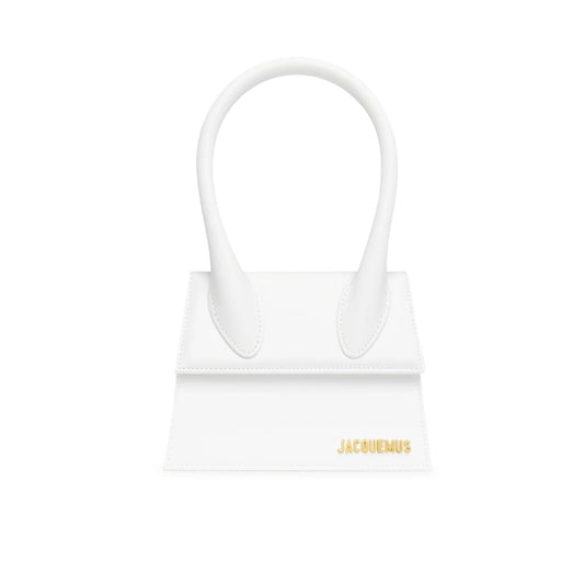Jacquemus White Le Chiquito Moyen Bag with gold hardware, reinforced handle, removable strap, and magnetic flap closure.