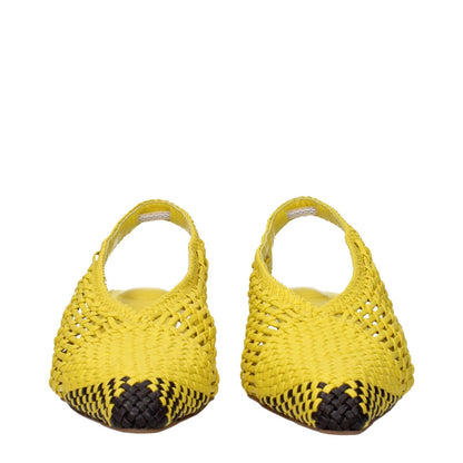 Front view of Jacquemus Yellow Leather Sandals with woven design and black accents.