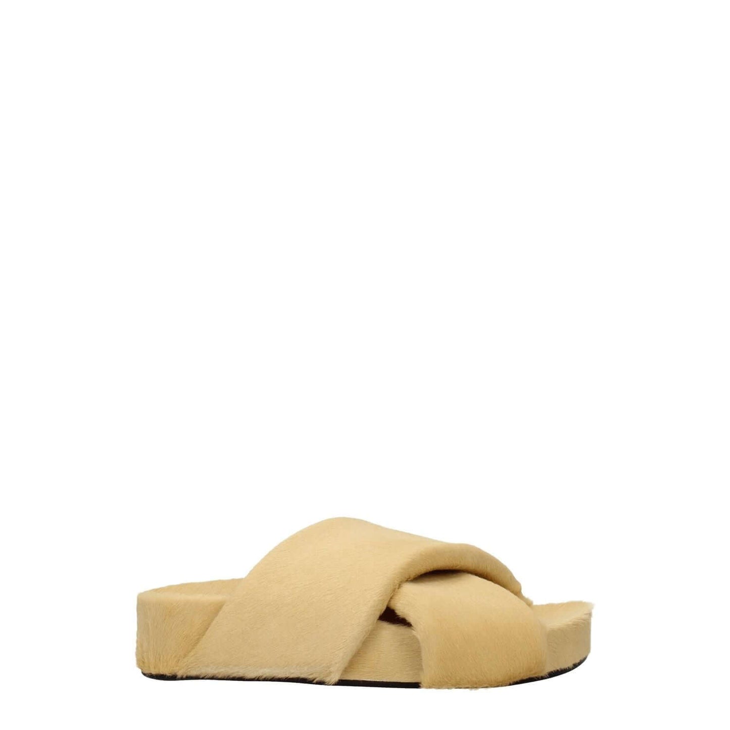 Jil Sander Beige Horsehair Slippers with vintage effect, open toe design, and low flat heel in pony skin material.