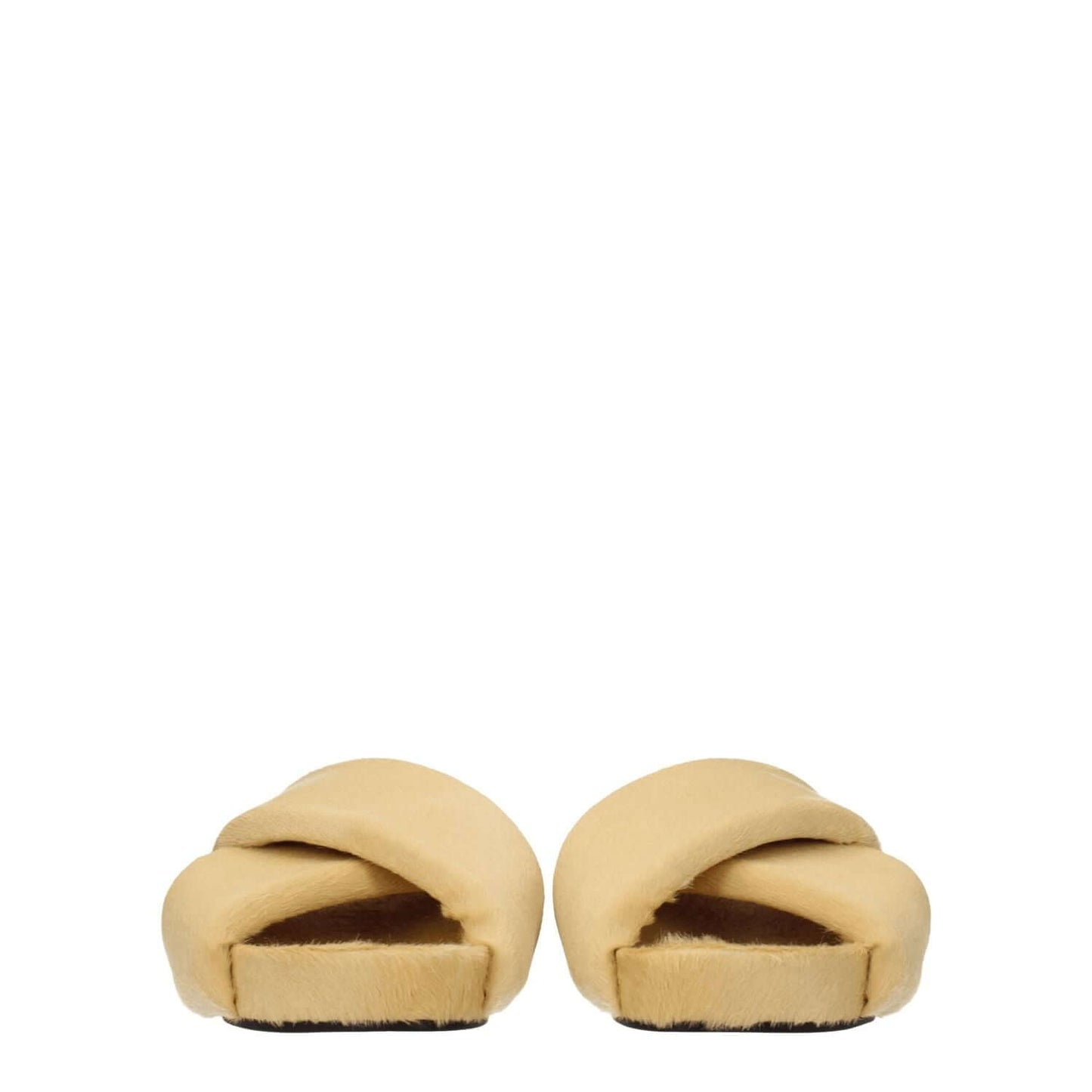 Jil Sander Beige Horsehair Slippers featuring pony skin, leather sole, open toe, low flat heel, vintage effect, and champagne color accents.