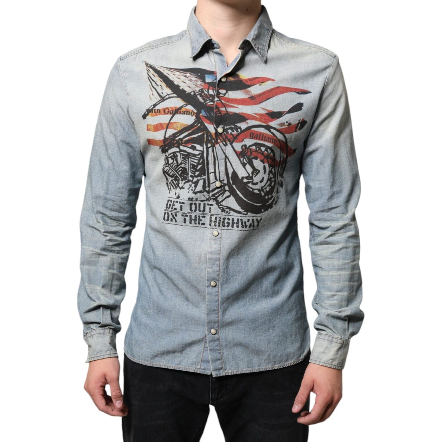 John Galliano Light Blue Printed Cotton Denim Long Sleeves Shirt TSH87125-38