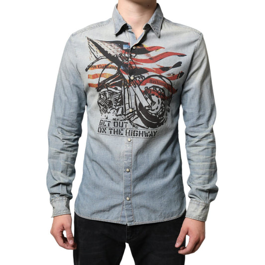 John Galliano Light Blue Printed Cotton Denim Long Sleeves Shirt TSH87125-38
