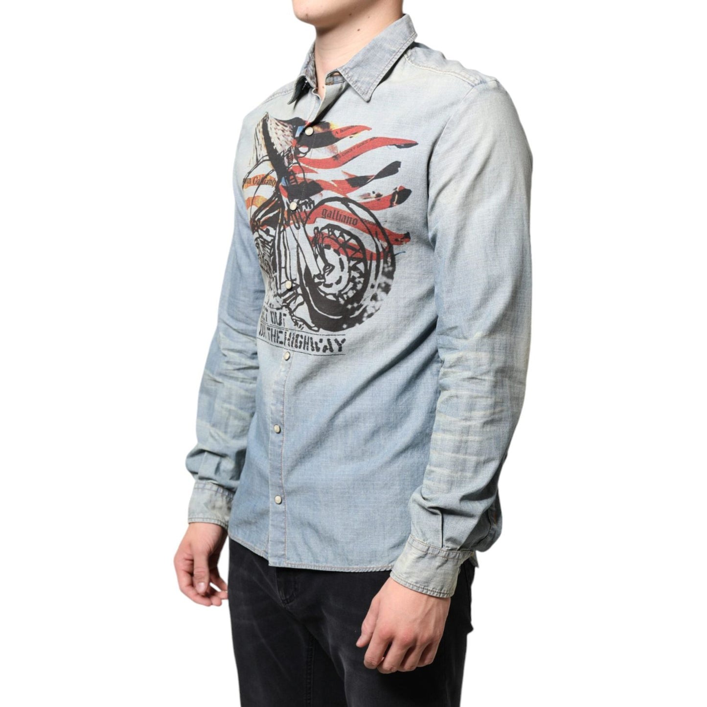 John Galliano Light Blue Printed Cotton Denim Long Sleeves Shirt TSH87125-38