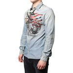 John Galliano Light Blue Printed Cotton Denim Long Sleeves Shirt TSH87125-38