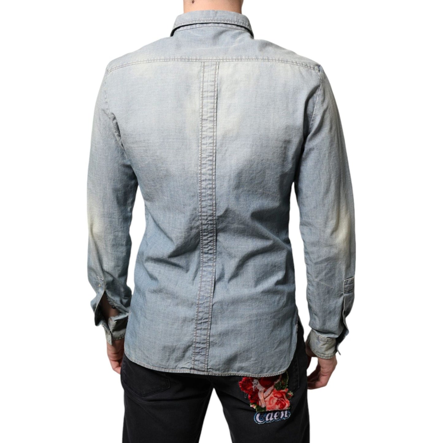 John Galliano Light Blue Printed Cotton Denim Long Sleeves Shirt TSH87125-38