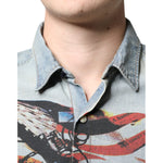 John Galliano Light Blue Printed Cotton Denim Long Sleeves Shirt TSH87125-38