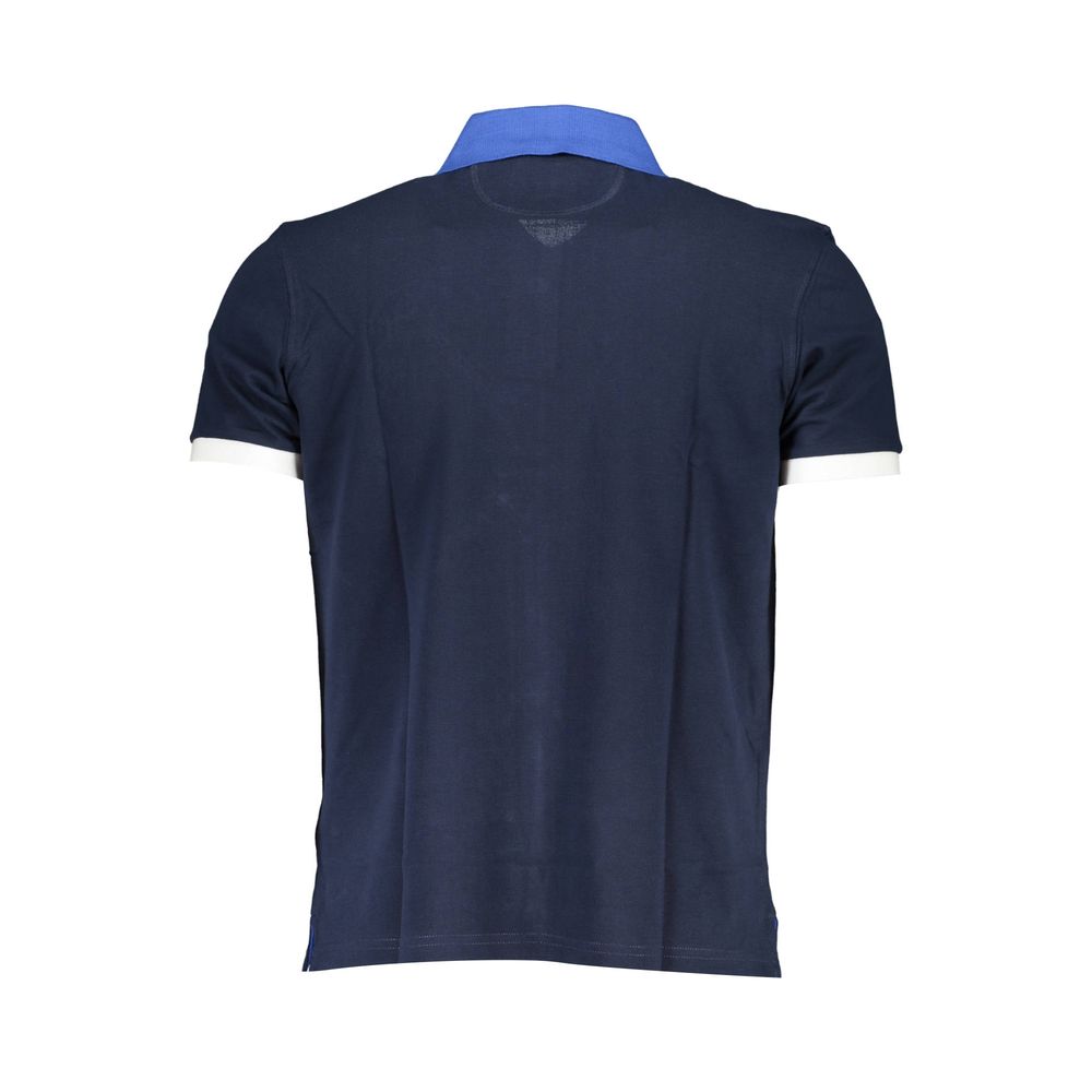 Back view of La Martina Blue Cotton Mens Polo Shirt with bold contrasting collar and sleeve details, crafted for a comfortable regular fit.
