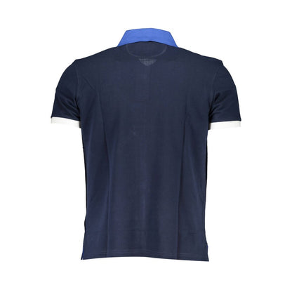 Back view of La Martina Blue Cotton Mens Polo Shirt with bold contrasting collar and sleeve details, crafted for a comfortable regular fit.