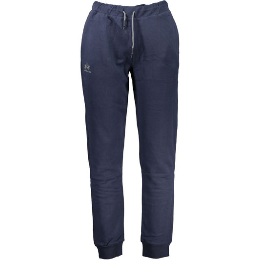 La Martina Blue Cotton Pant - sports pants, brushed, elastic waist with laces, logo print for men.
