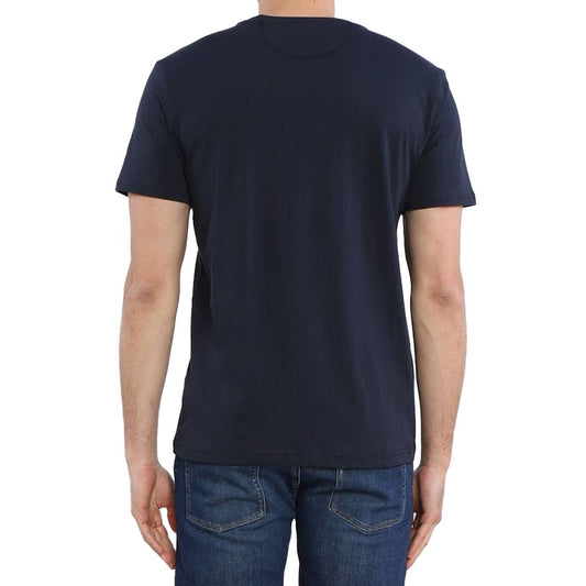 Back view of La Martina Blue Cotton T-Shirt showing its classic crew neck and comfortable fit in dark blue with graphic print on front.