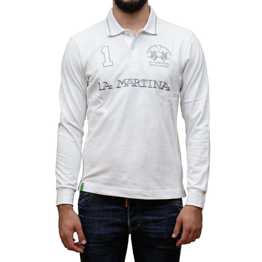 La Martina White Cotton Polo Shirt with silver logo embroidery, long sleeves, front view
