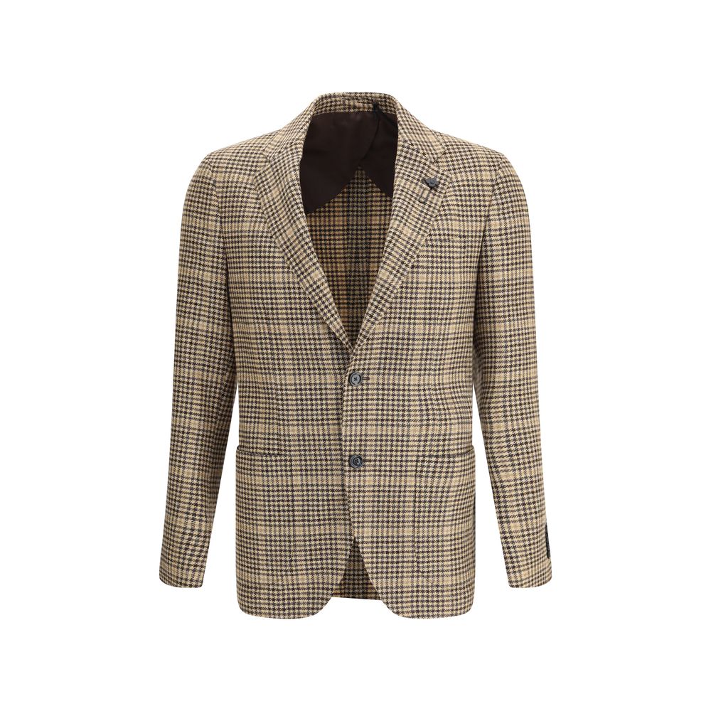 Lardini Beige Wool Clothing houndstooth blazer with brooch on lapel, classic collar, long sleeves, button closure, double back slit.