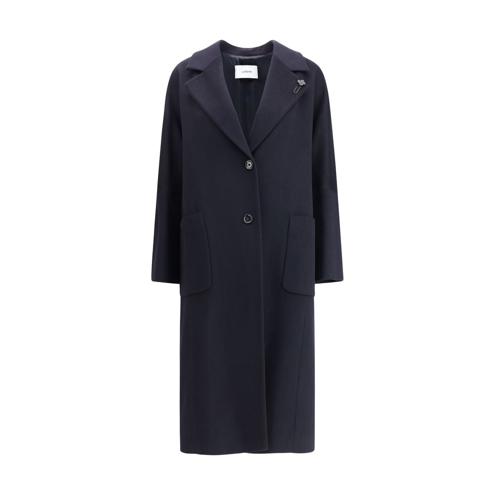 Lardini Black Cashmere Coat with wide lapels and button closure, featuring patch pockets and back slit for a chic silhouette.