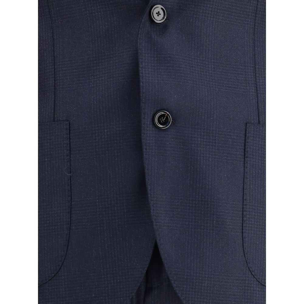 Close-up of Lardini Blue Wool Two-Piece Suit jacket, showcasing single-breasted design and fine Italian tailoring details.