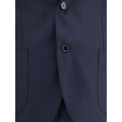 Close-up of Lardini Blue Wool Two-Piece Suit jacket, showcasing single-breasted design and fine Italian tailoring details.