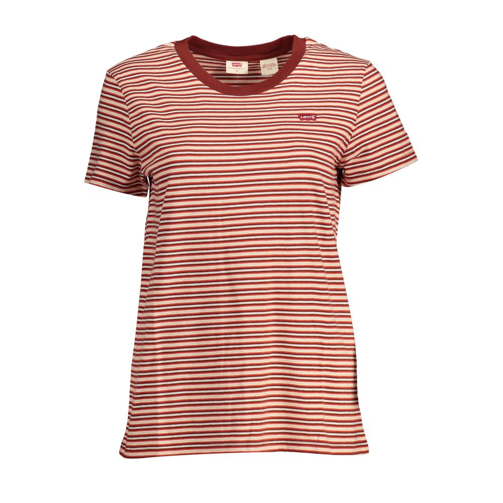 Levi's Red Cotton Women T-Shirt with stripes, showcasing classic Levi's logo and high-quality cotton design for comfort and style.