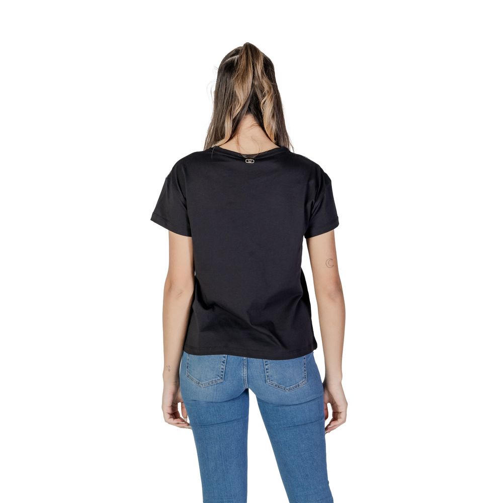 Back view of woman wearing Liu Jo Black Cotton T-Shirt with contrasting stitching, 100% cotton, ideal for everyday comfort and style.