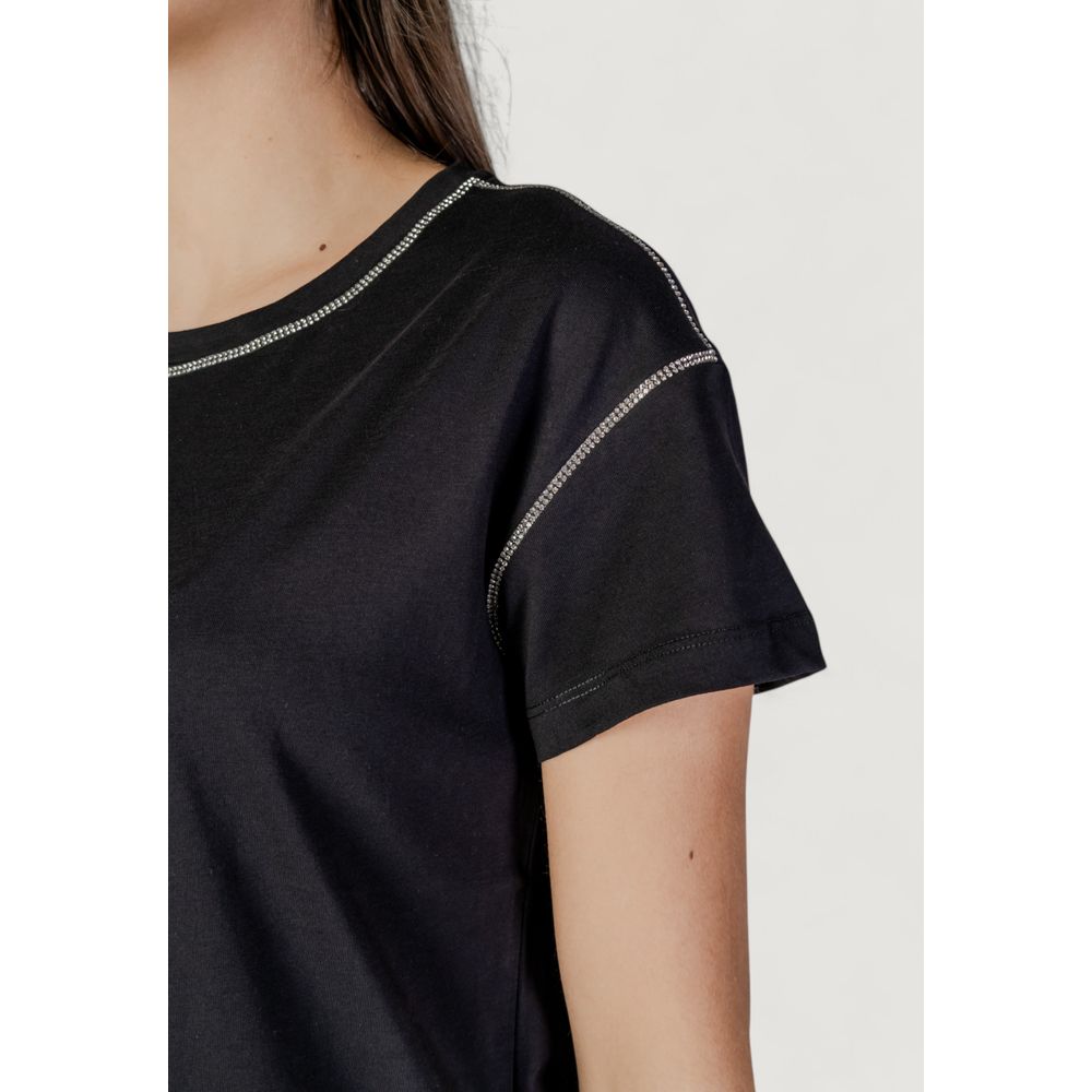 Liu Jo Black Cotton T-Shirt with contrasting stitching on shoulders and neckline, 100% cotton, short-sleeved, regular fit for women.