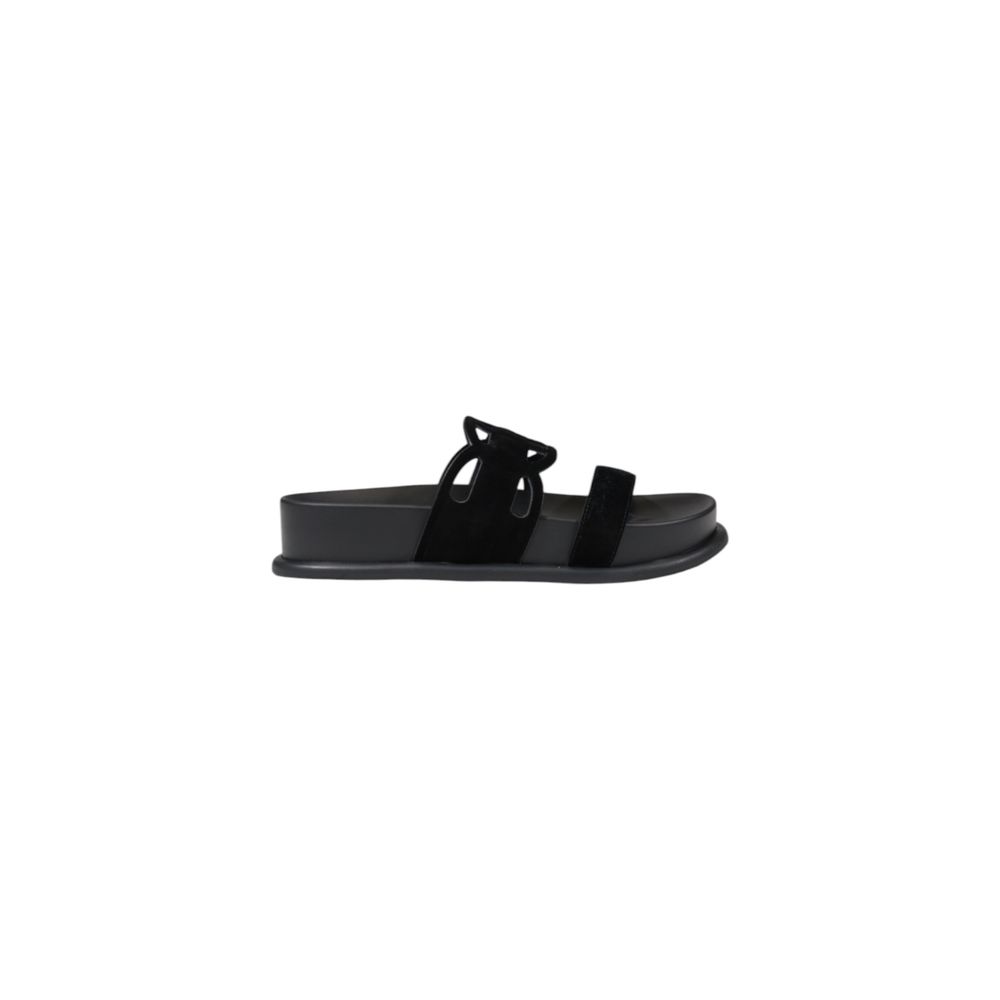 Liu Jo Black Leather Flat Sandals with double strap and decorative side detail, crafted from high-quality bovine leather for comfort and style.