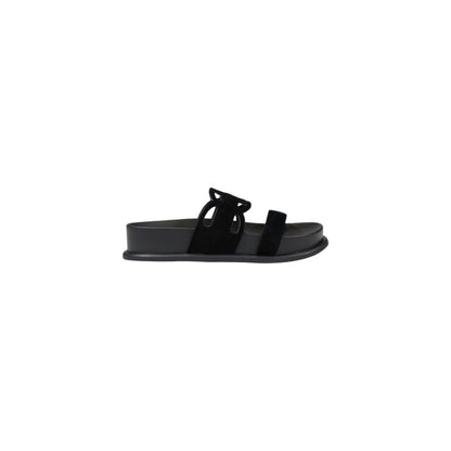 Liu Jo Black Leather Flat Sandals with double strap and decorative side detail, crafted from high-quality bovine leather for comfort and style.