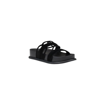 Liu Jo Black Leather Flat Sandals with double strap and decorative detail, crafted from high-quality bovine leather for comfort and durability.