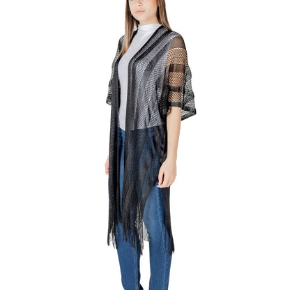 Liu Jo Black Polyester Scarf styled as a lurex net poncho with bohemian fringes; lightweight, elegant, and perfect for transitional seasons.