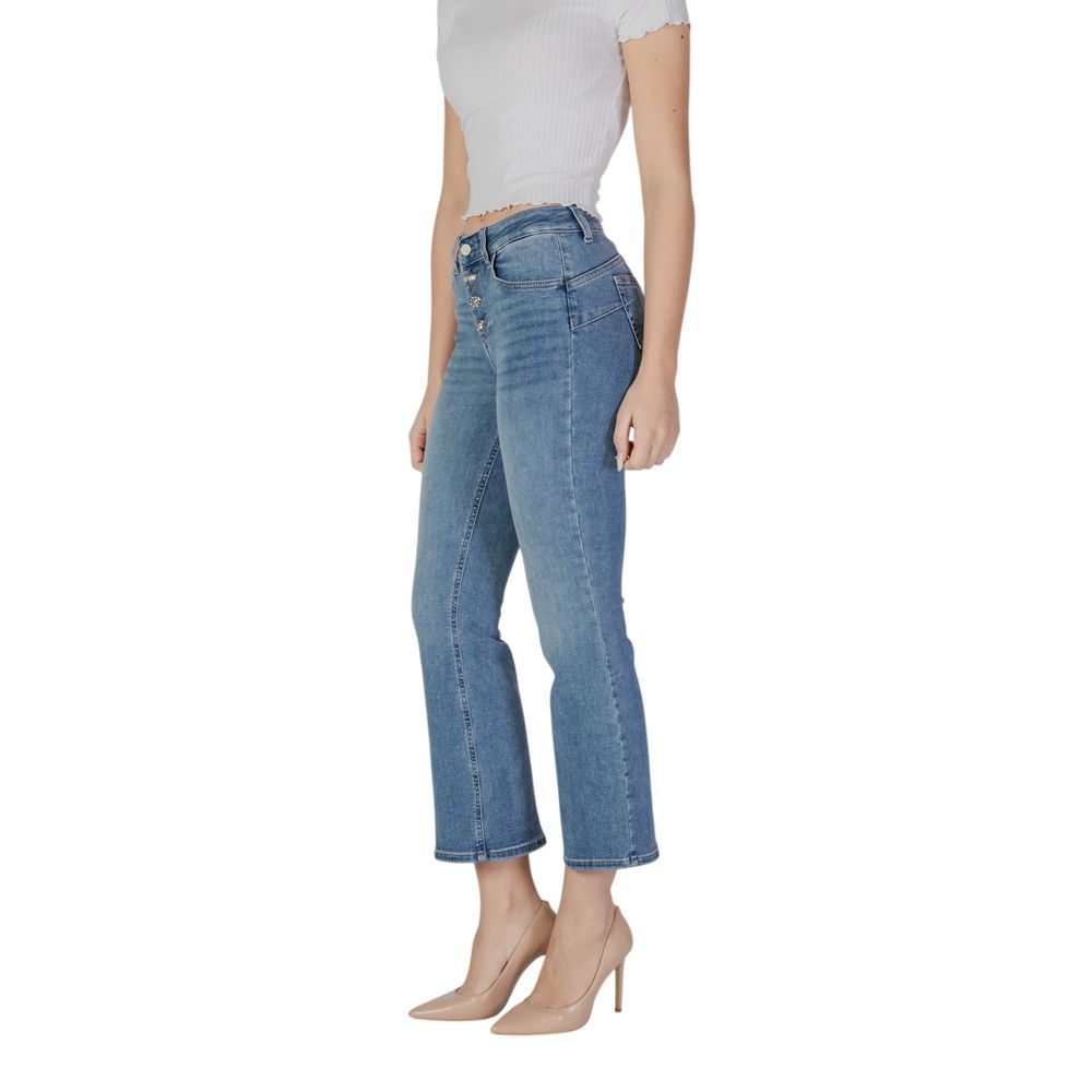 Woman wearing Liu Jo Blue Cotton Bootcut Jeans with high waist and button closures, showcasing flared style.