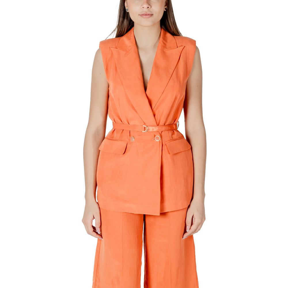 Woman wearing Liu Jo Orange Lyocell Waistcoat with waist belt and double-breasted design for formal occasions.