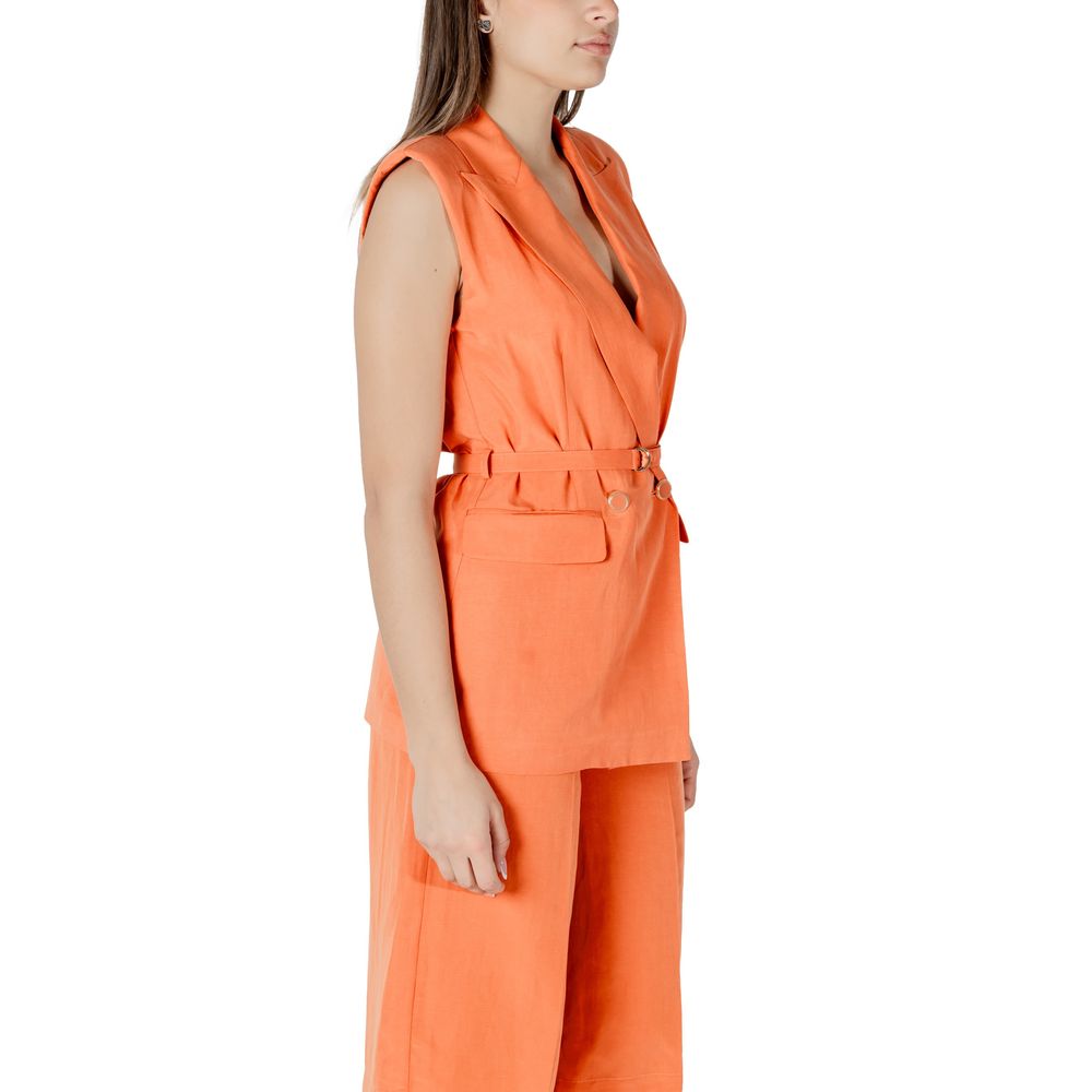 Liu Jo Orange Lyocell Waistcoat, women's vest with double-breasted closure and waist belt, side view, elegant summer fashion.