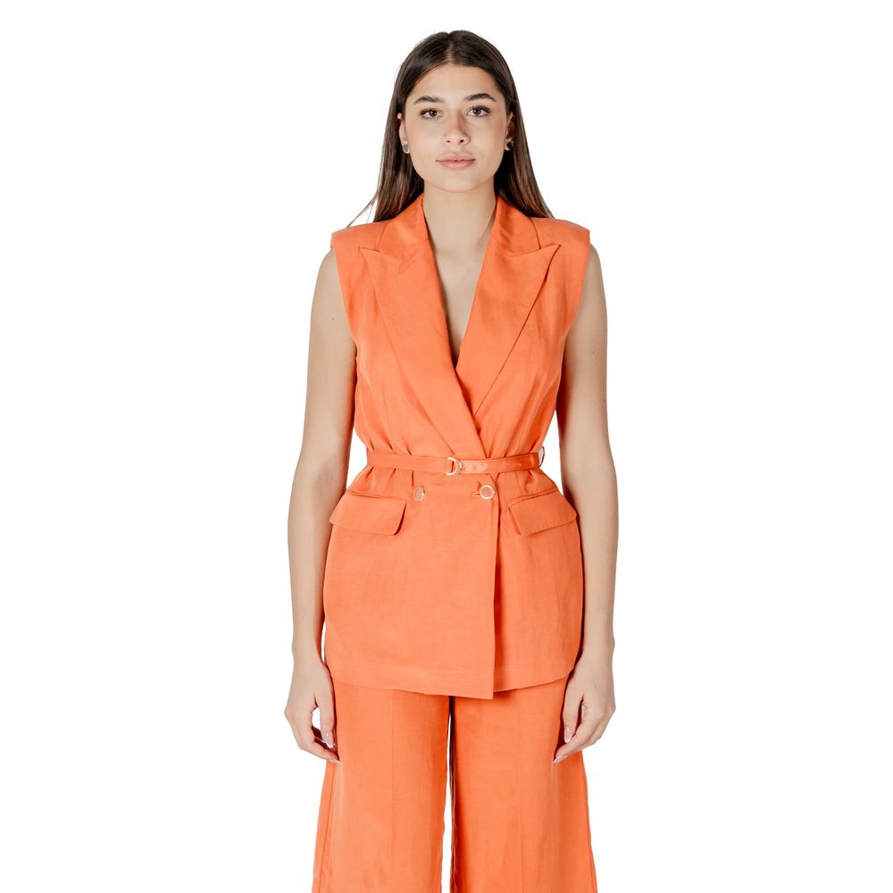 Woman wearing Liu Jo Orange Lyocell Waistcoat with double-breasted closure and waist belt.