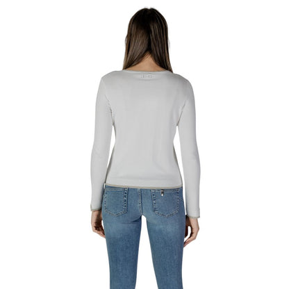 Back view of a woman wearing a Liu Jo White Viscose Cardigan with jeans, showcasing the long sleeves and fit.